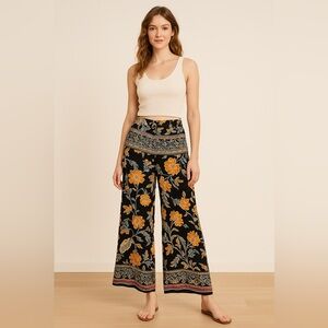 Patrons of Peace Boho Wide-Leg Pants Floral Crinkle Rayon India size M BJ5